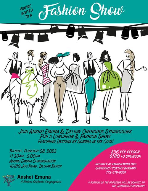 Banner Image for Sisterhood Fashion Show together with Delray Orthodox Synagogue.  Featuring fashions by Sondra in the Cove.
