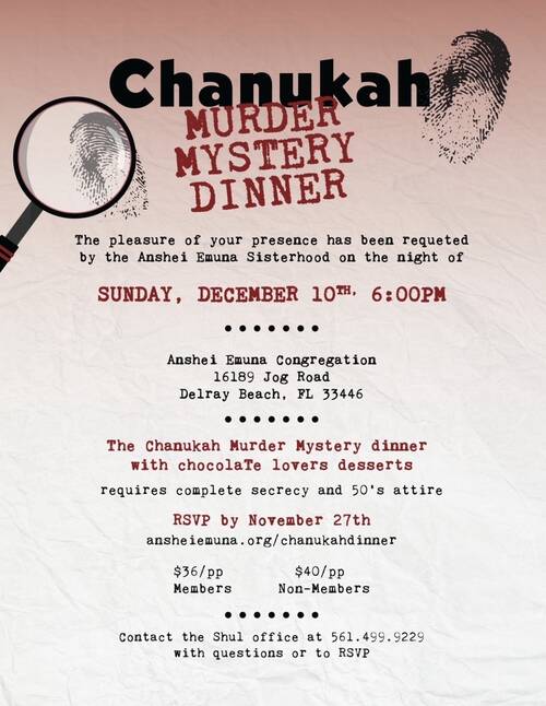 Banner Image for Chanukah Murder Mystery Sunday Night Dinner hosted by Sisterhood